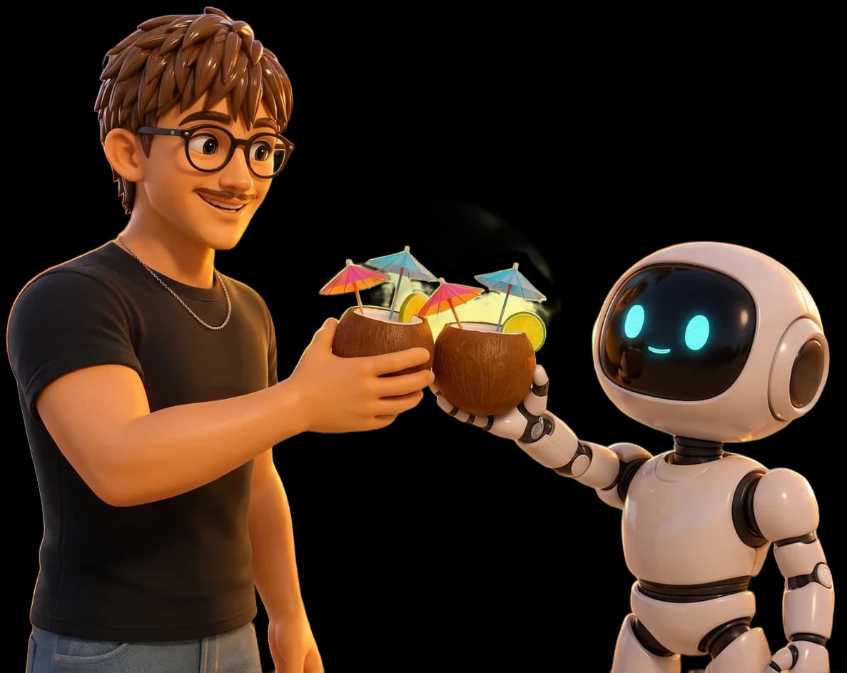 Marc-Aurèle et son robot trinquent avec des noix de coco