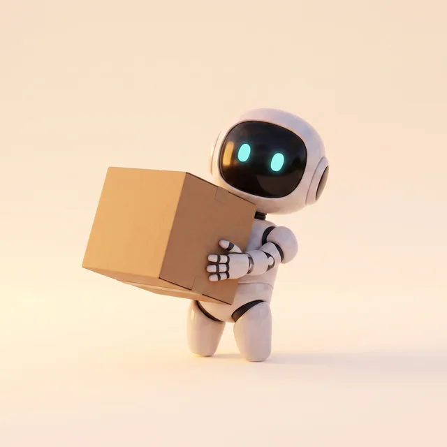 Le robot mascotte porte un carton de déménagement