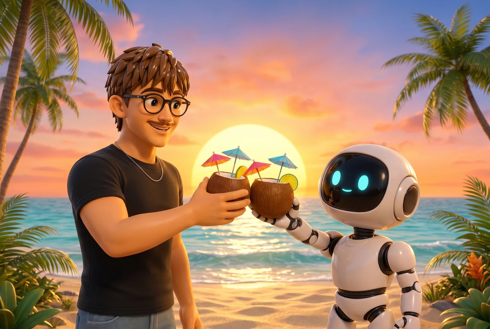 Marc-Aurèle et son robot trinquent avec des noix de coco au coucher du soleil